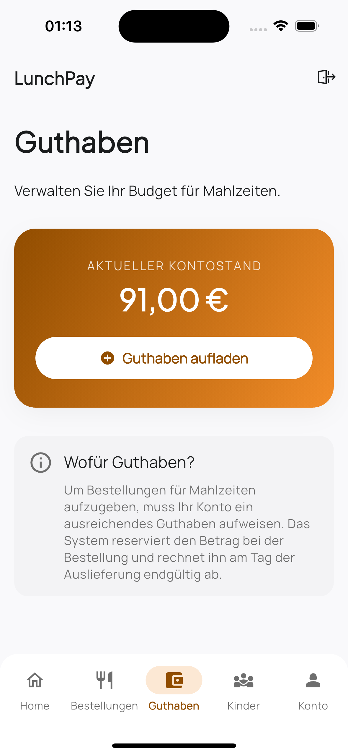 LunchPay Eltern-App: Kontoübersicht mit Guthaben und Buchungen