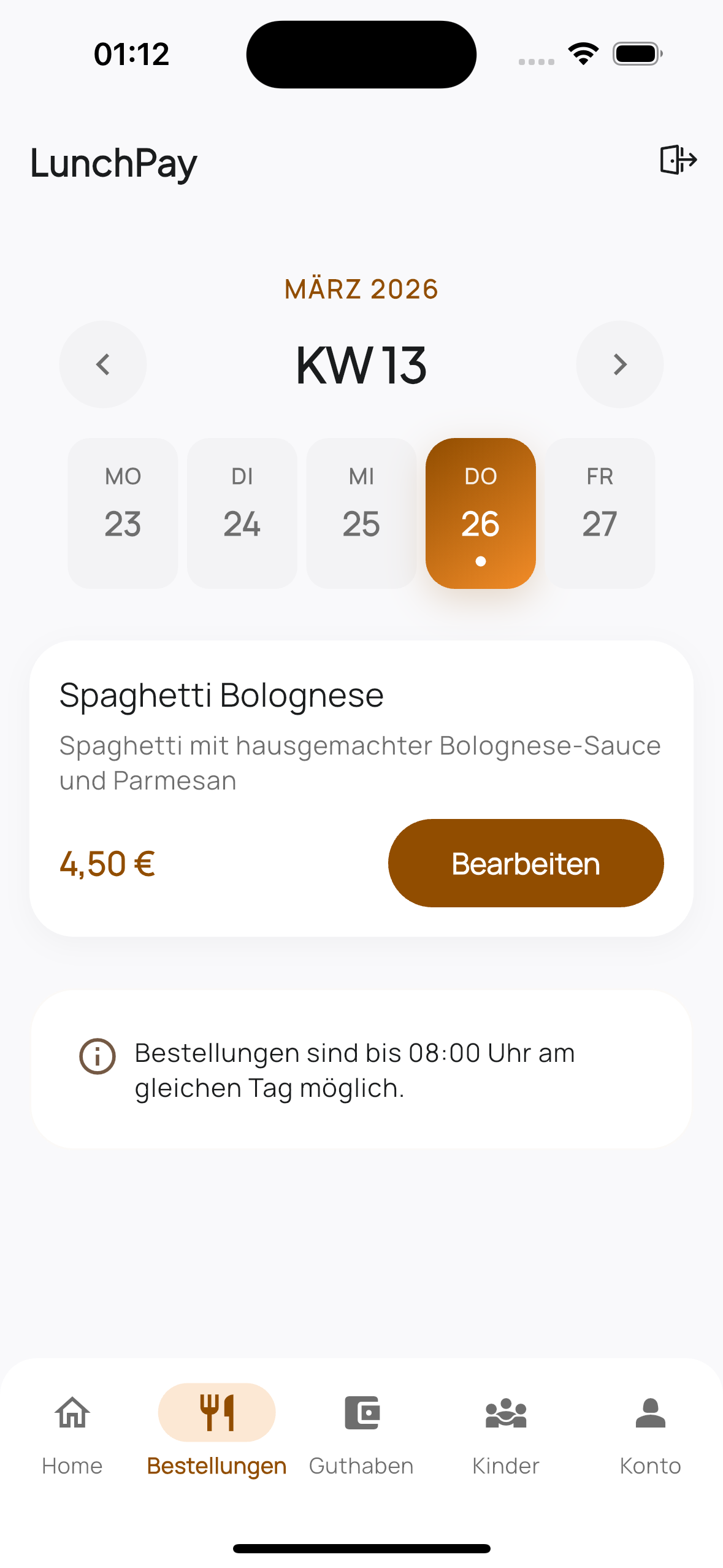 LunchPay Eltern-App: Kalender mit tagesgenauer Menüauswahl
