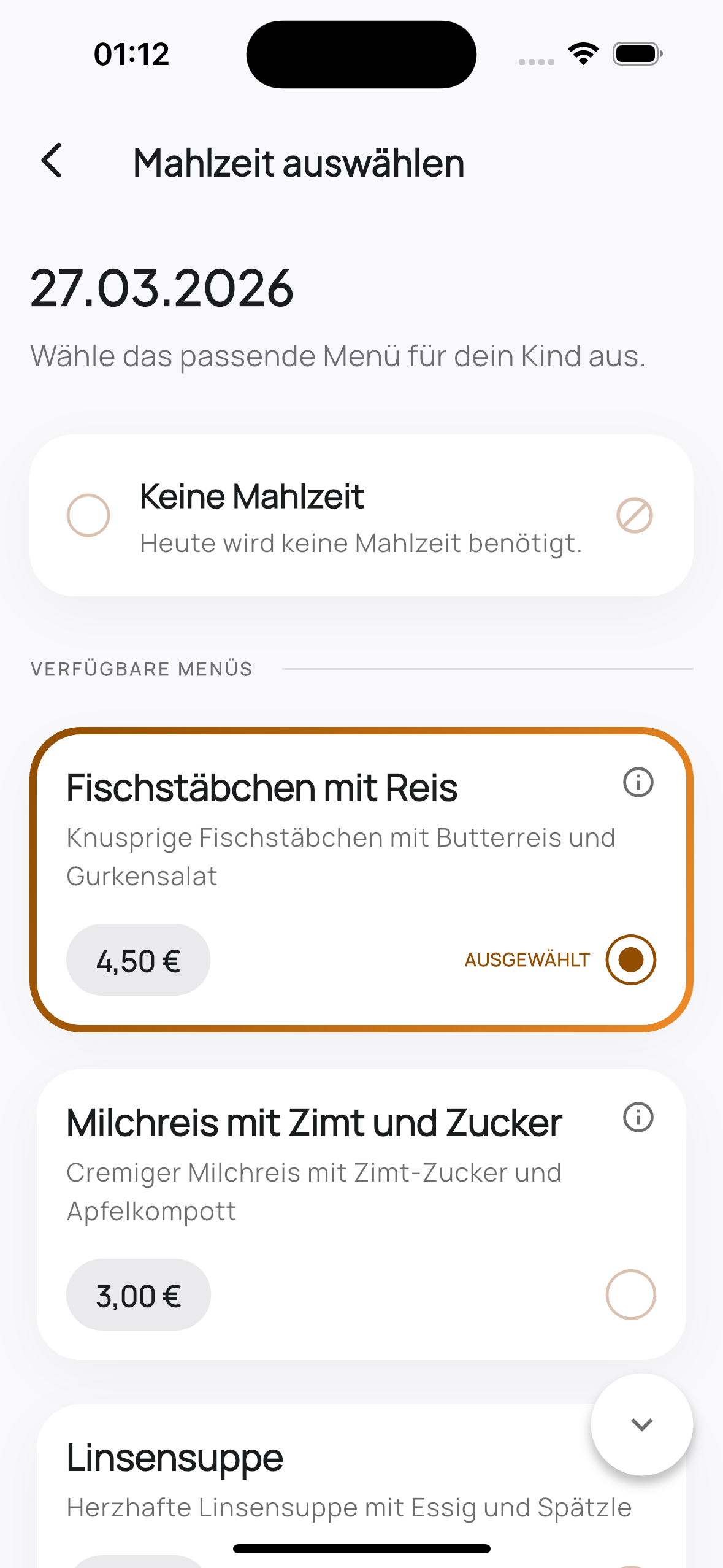 LunchPay Eltern-App: Detailansicht eines Menüs mit Allergenen